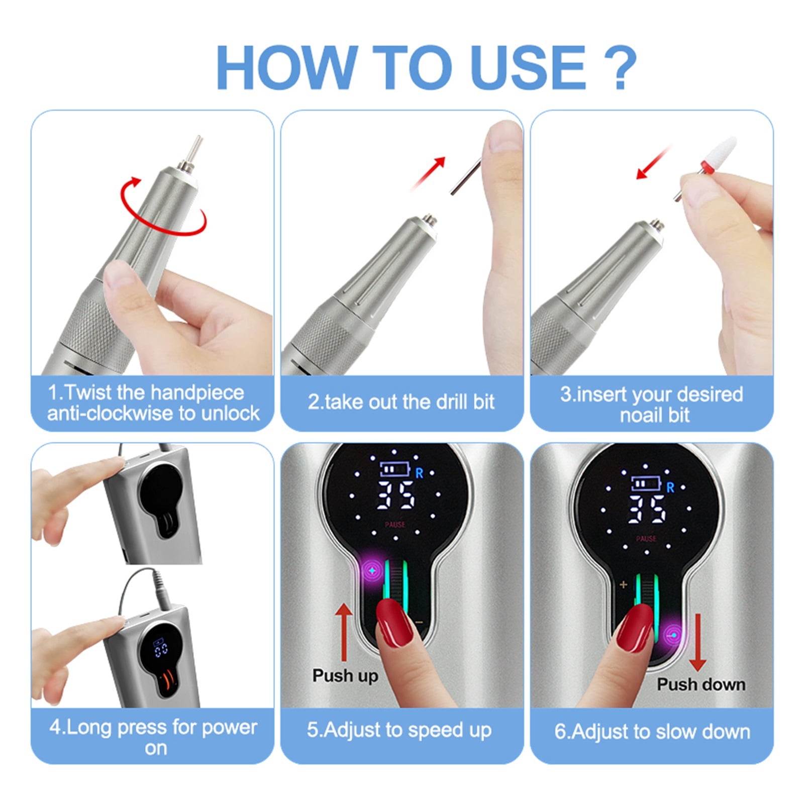 Professional Nail Drill, 35000RPM Rechargeable Nail Efile, Portable Electric Nail File Machine For , Gel Nails, Manicure Pedicure For Home Salon Use ,Low Noise