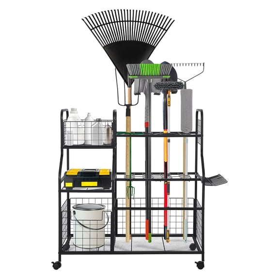 Accreate Garden Tool Organizer, Yard Storage Rack with Wheels & Baskets, Freestanding Garage Tool Organizer for Lawn, Shed, Patio, Rakes, Shovels Indoor Outdoor Tools Storage Rolling Cart