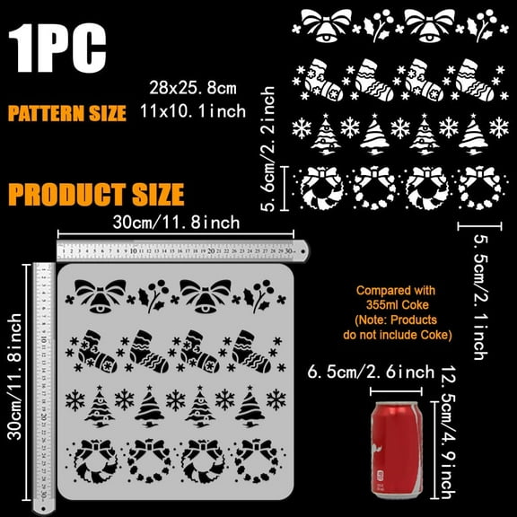 1pc Christmas Drawing Stencil 11.8x11.8inch 4 styles Christmas Border Painting Template Bells Stockings Christmas Tree Wreath Snowflakes Decor Stencil for Painting on Wood Wall Furniture