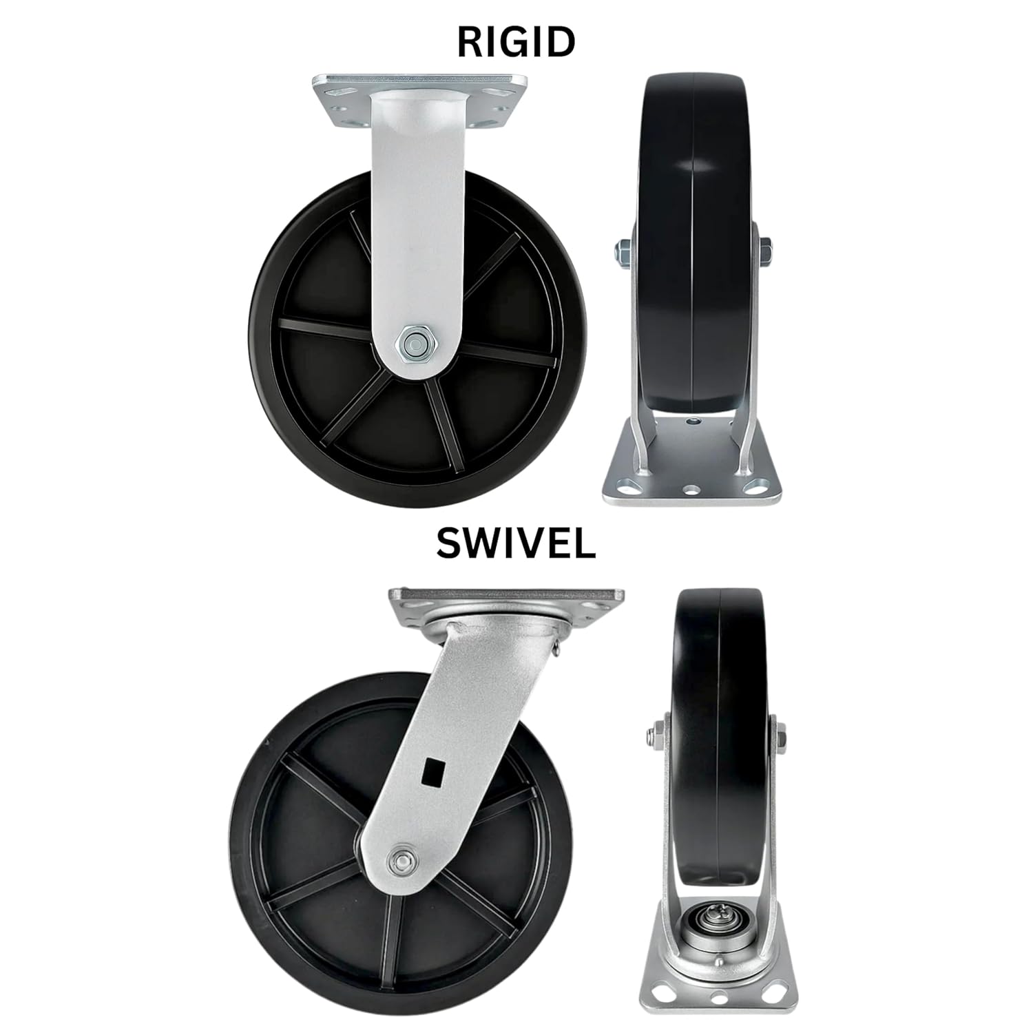 4 Heavy Duty Caster Set 8" Plastic Wheels - 2 Rigid + 2 Swivel