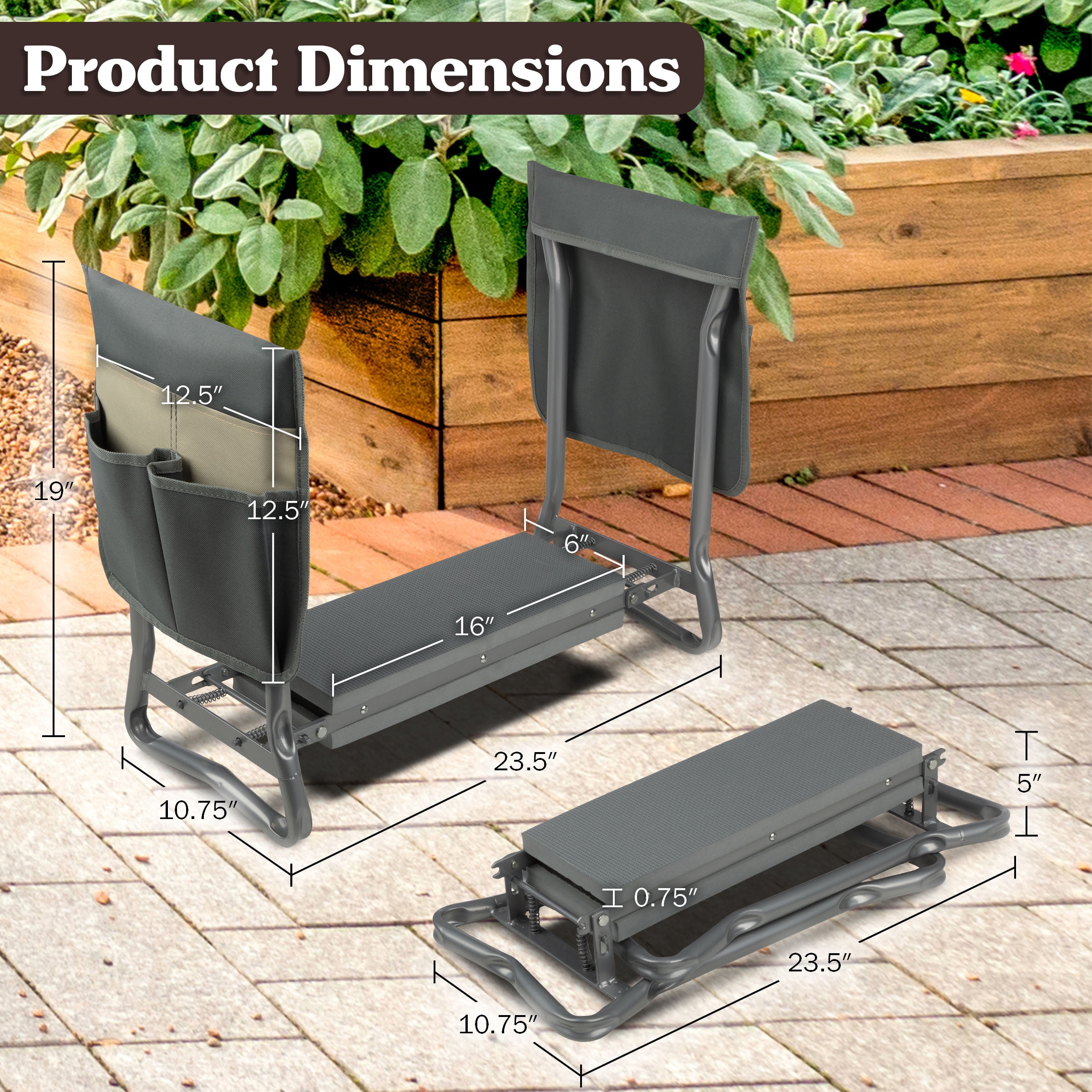 Pure Garden 2-in-1 Garden Kneeler & Stool – Folding Bench with EVA Pad & Tool Pouches, Gray/Tan