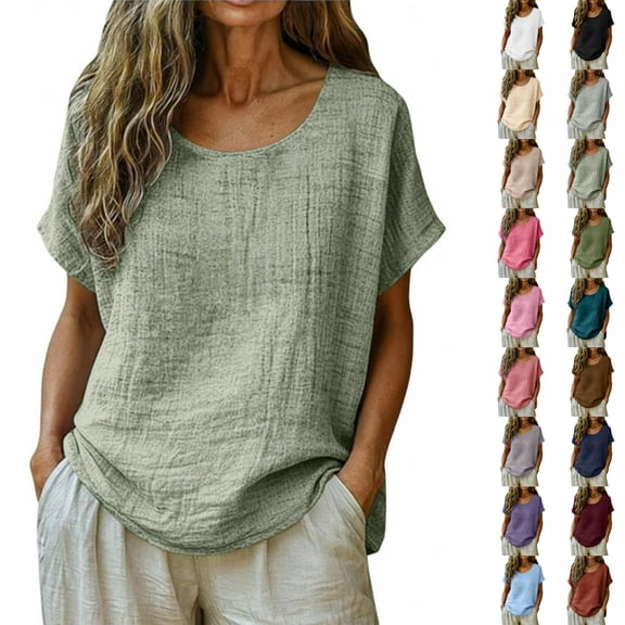 STETMN Women's Cotton Linen Short Sleeve T-Shirt Scoop Neck Loose Fit Casual Blouse Summer Tee