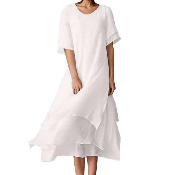 Vestido sencillo de doble capa con manga corta y abertura para mujer - Cuello redondo informal, poliéster y spandex - S-XXXXXL