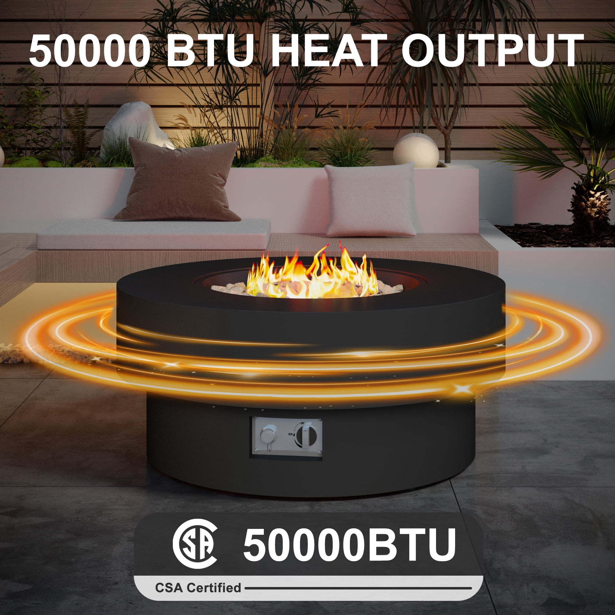 HongTaoK 32.5 inch Round Propane Fire Pit Table with Lava Rock, 50K BTU, Black