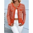 thumbnail image 6 of Womens - Plaid Blazer Dressy Casual Button Front Cardigan Crew Neck Long Sleeve Texture Knit Jackets Orange-Red M, 6 of 8