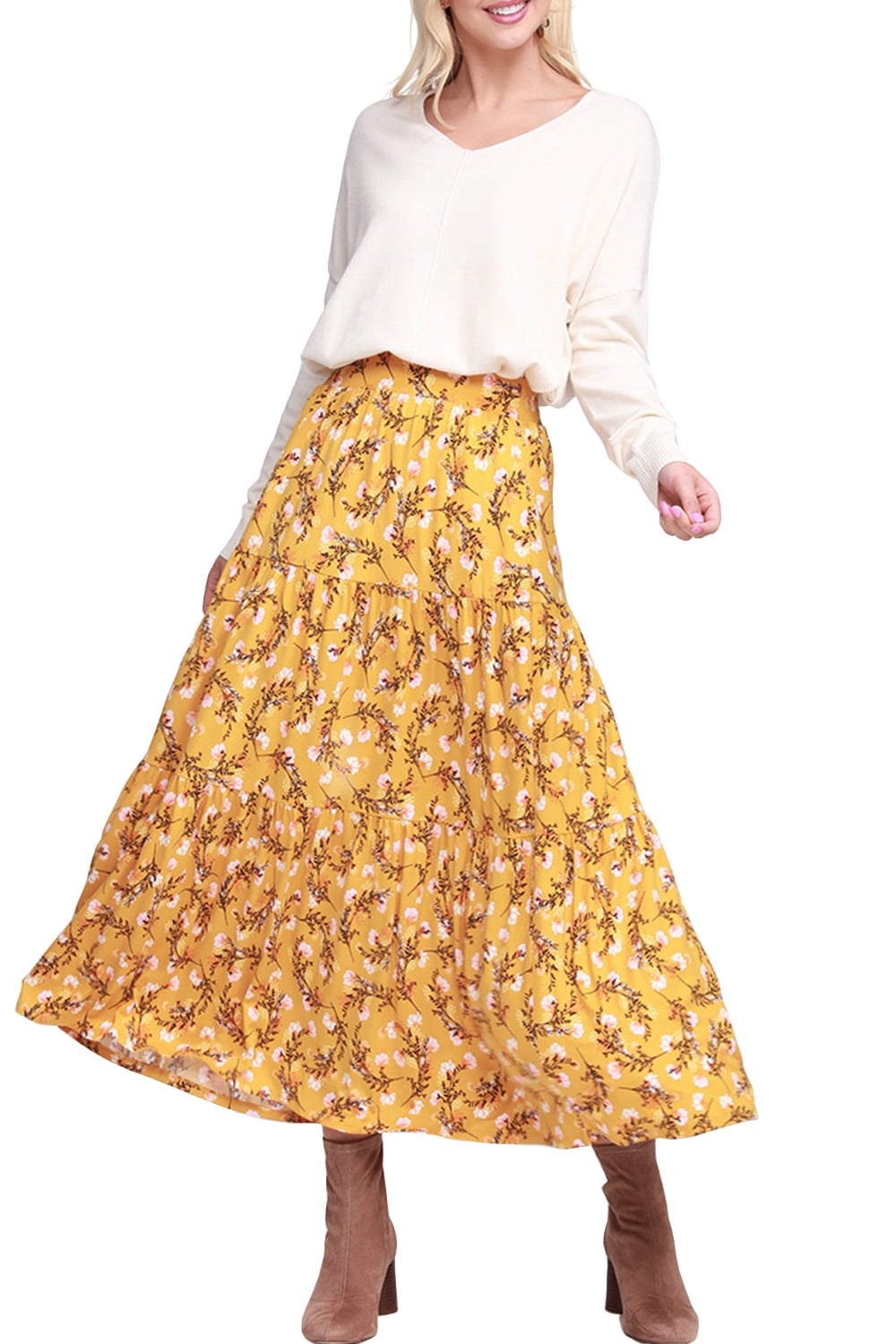Doublju Women's Elastic Waist Layered Shirring Maxi Skirt with Plus Size