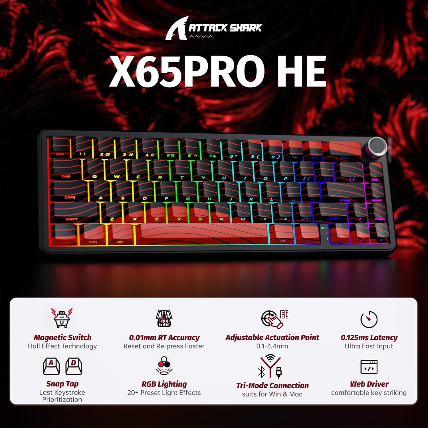 ATTACK SHARK X65PRO HE Rapid Trigger Magnetic Switches Keyboard with X11 Lightweight Mouse, Tri-mode Wireless Keyboard and Mouse Combo, 0.01mm RT Accuracy, 8K Polling Rate, 22K DPI - Red