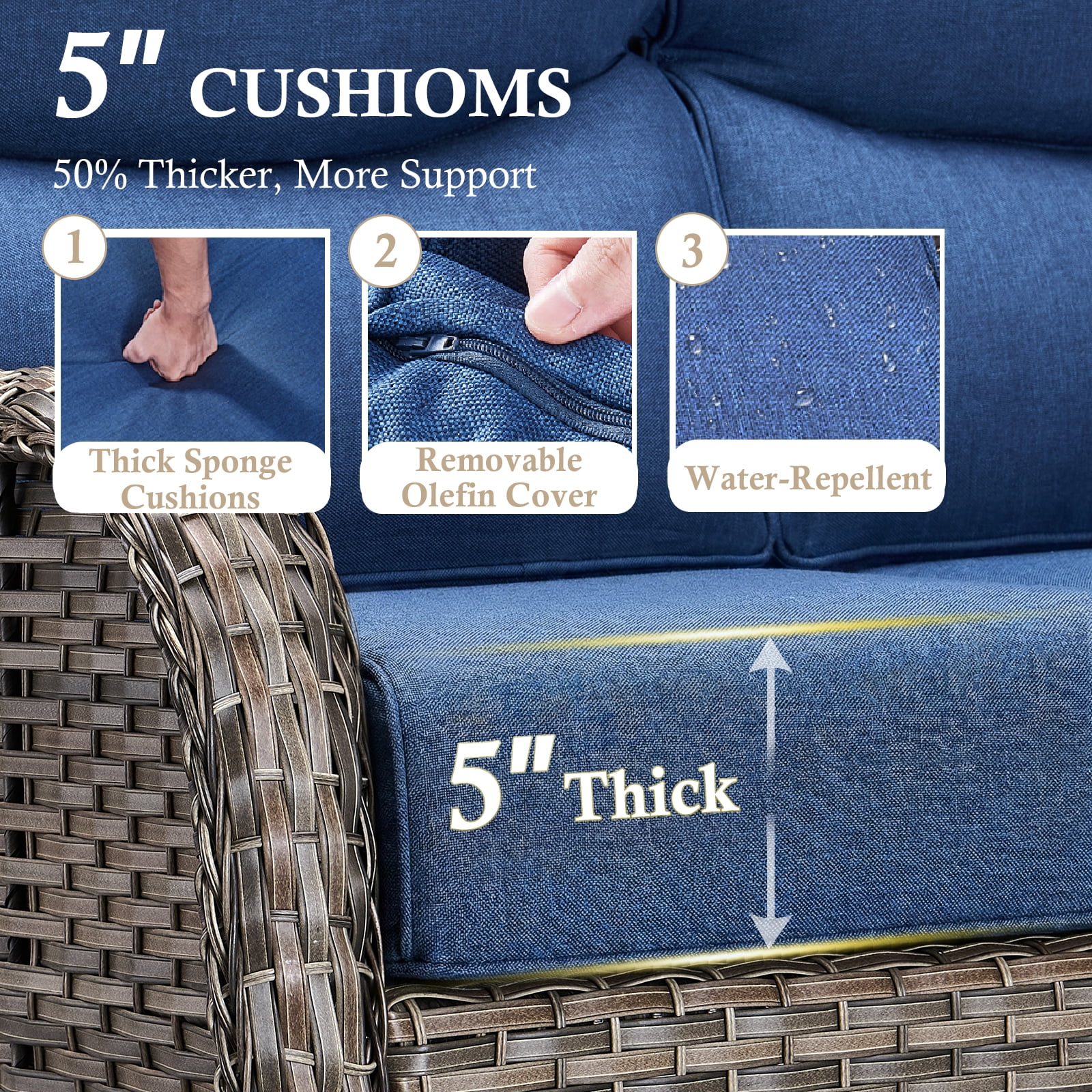 POCASSY 4-Piece Outdoor Patio Furniture Set with Swivel Chairs, Luxury High Back Rattan Wicker Outdoor Conversation Set with 5-inch Thick Seat Cushion Sofa and Swivel Glider Patio Chair for Porch