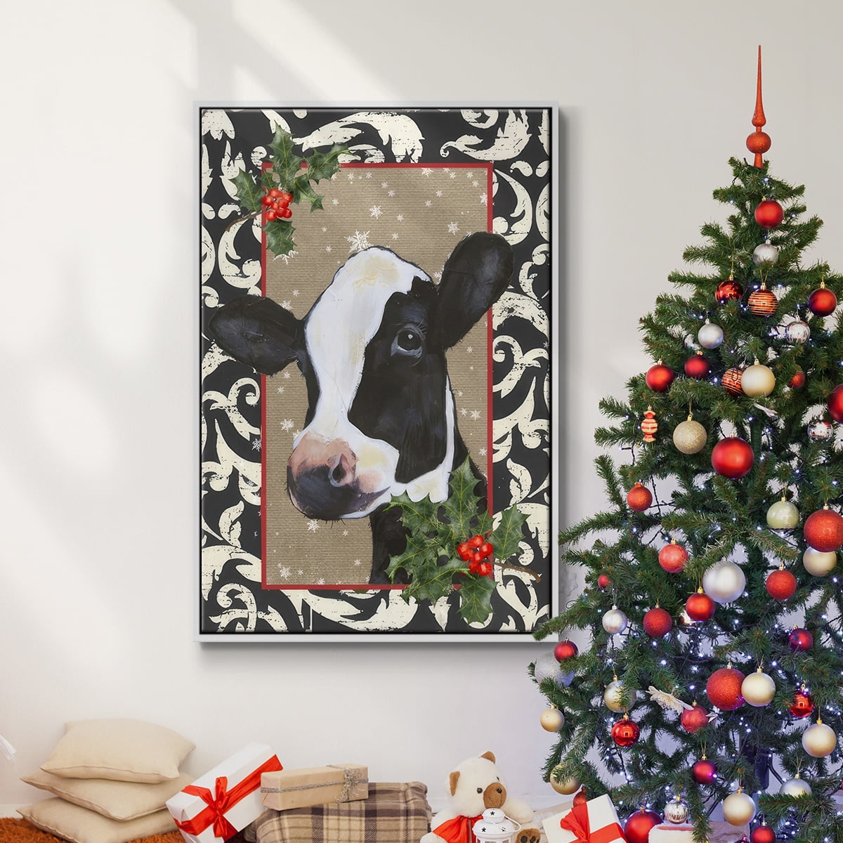 County Christmas Farm I - Framed Gallery Wrapped Holiday Canvas - 17 x 25 - White Frame