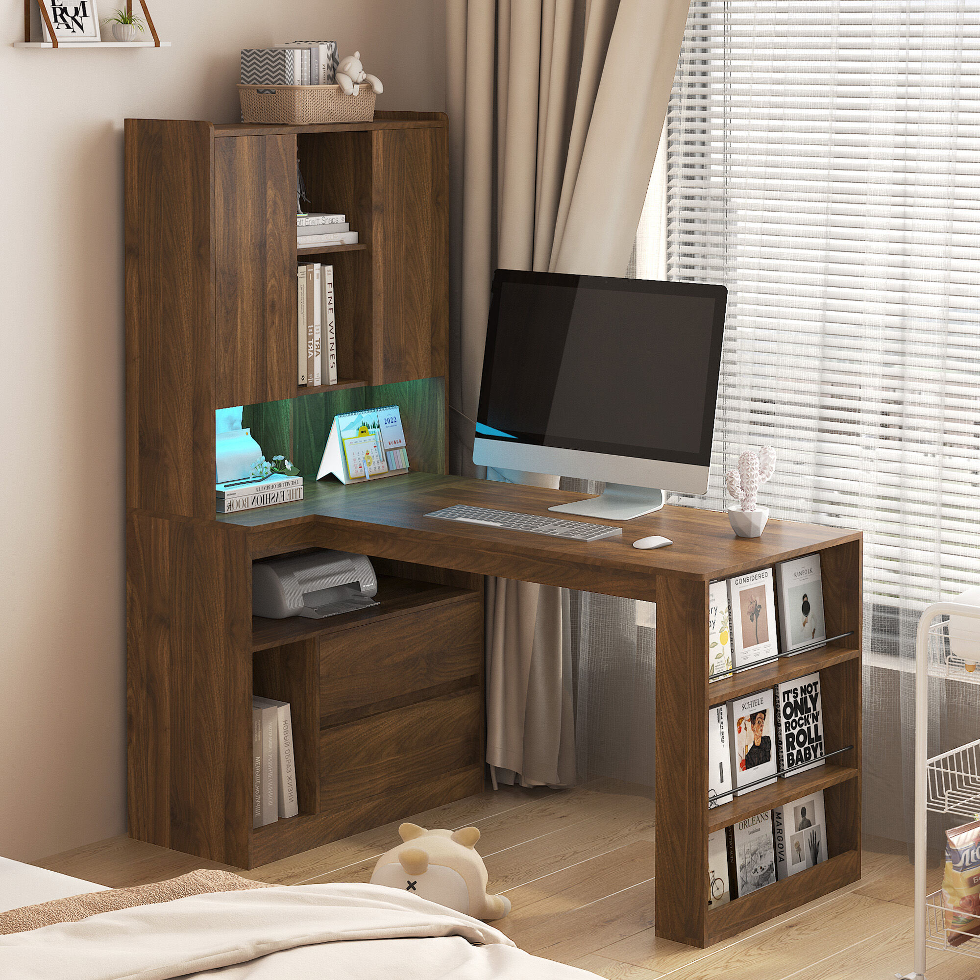 Office Desks L Shaped Desk,Computer Desk with Drawers,Bookshelf,with LED Light,Modern Corner Desk,Home Office Desk,L-Shaped Study Table Writing Desk,Corner Gaming Computer Desk with Storage,Wooden Of