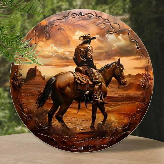 1pc Cowboy in Wild West Aluminum Wall Art - 8-Inch Round Waterproof Metal Sign with HD Printed Oil Painting, Rustic Pre-Drilled Outdoor Decor with Textured Finish - For Home & Office Decor