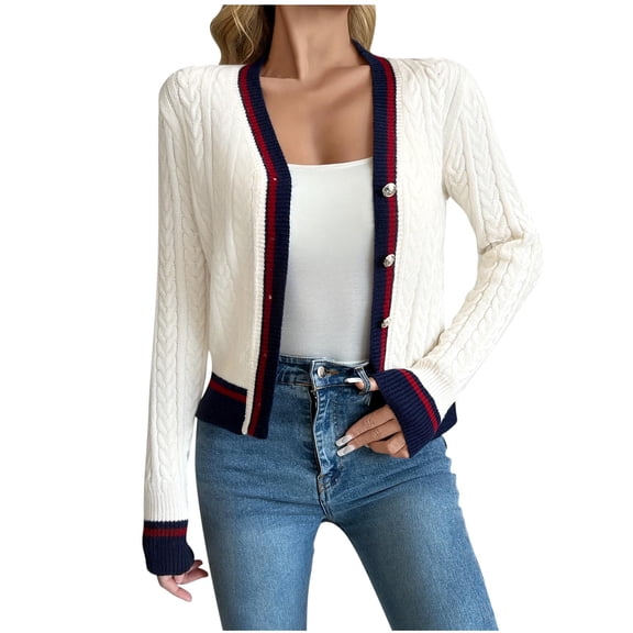 TFEOQRY Women's Cable Knit V Neck Cardigan Button Down Long Sleeve Sweater Casual Fall Winter Tops White
