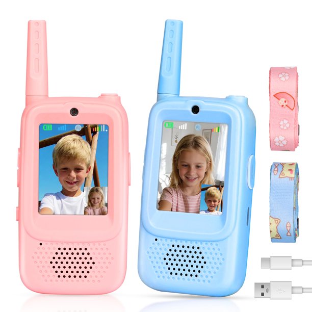 Walkie Talkies, vídeo genérico recargable para niños, paquete de 2 unidades, azul/rosa