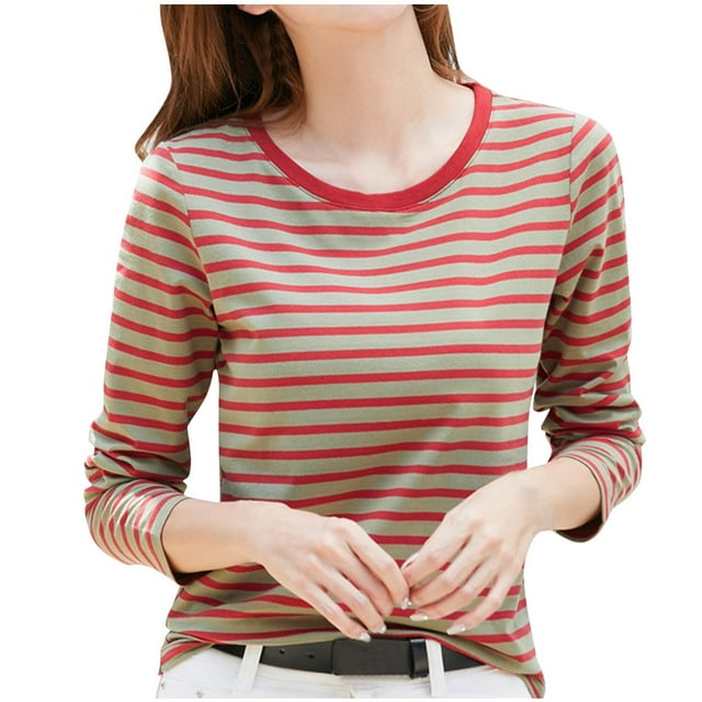 Timegard Fall Tops for Women Striped Long Sleeve Basic Tee Shirts Casual Slim Comfy Crewneck Tops