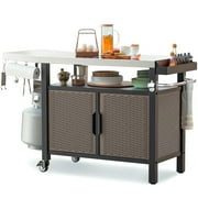 Hitechluxe 53in Outdoor Grill Cart XL Stainless Steel Countertop Dining Cart Tables with Side Shelf and Wheels