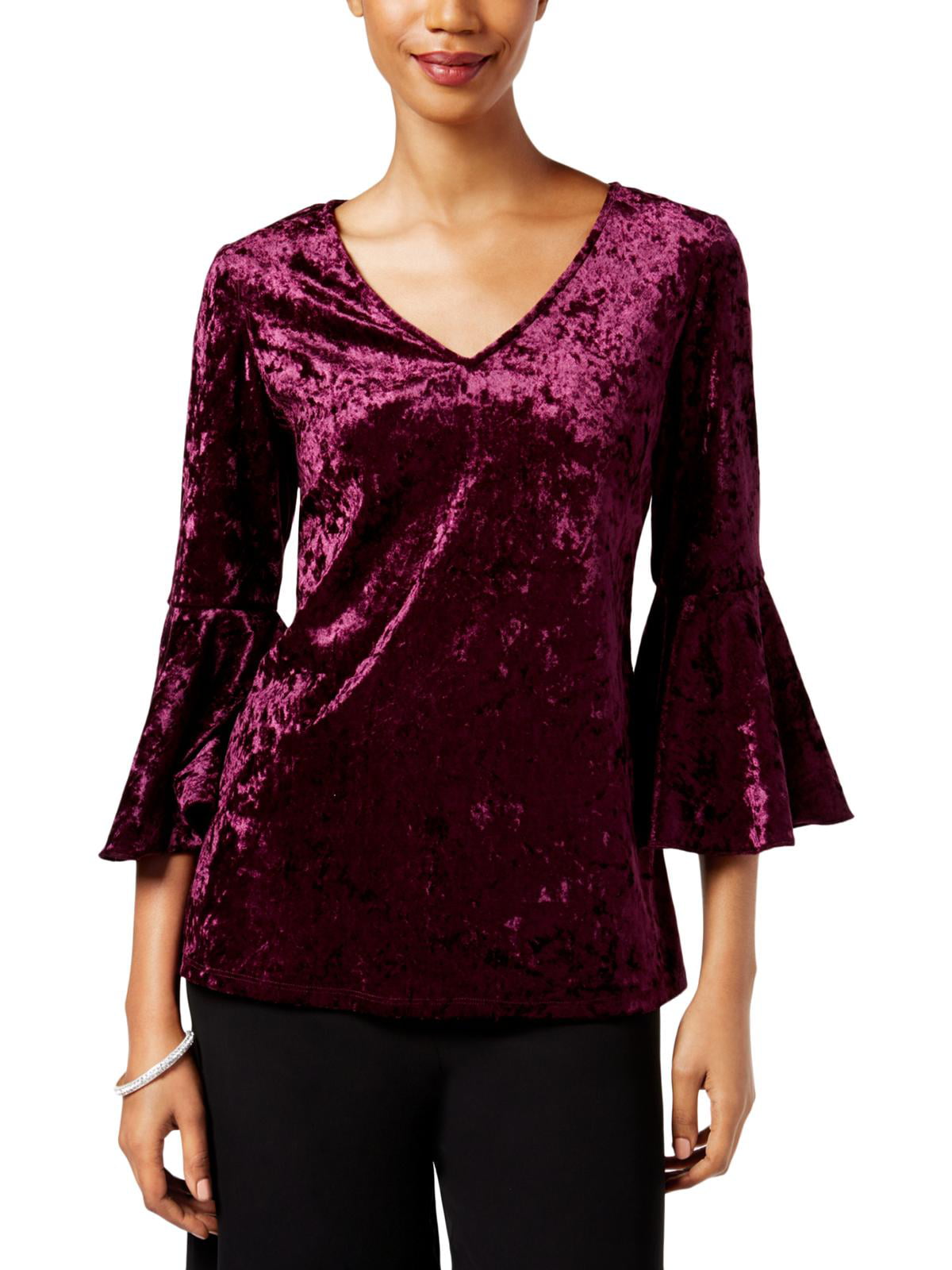 MSK - MSK Womens Purple Velvet Bell Sleeve V Neck Top Size L - Walmart ...
