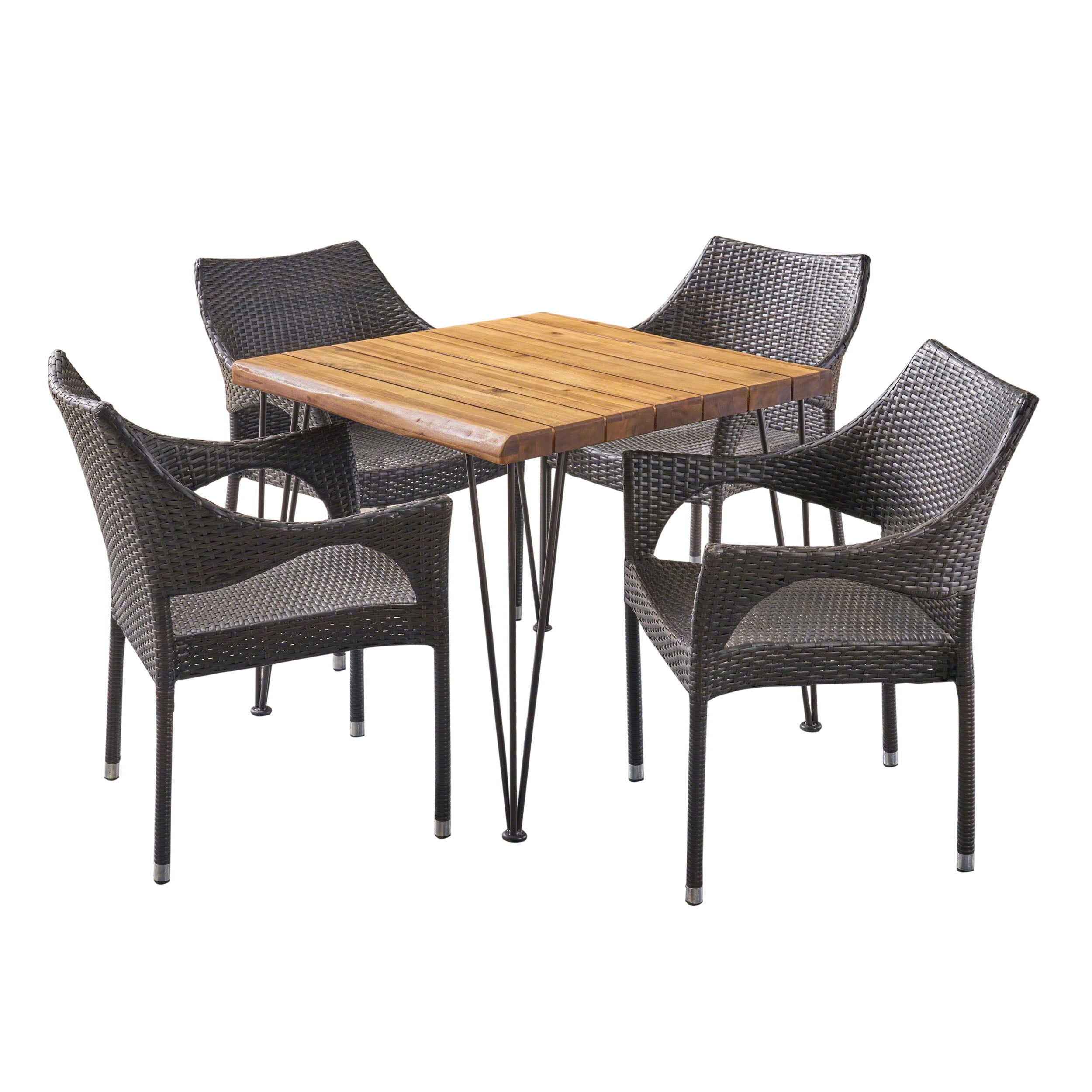 Arya Outdoor 5 Piece Industrial Wood and Wicker Square Dining Set Multi Brown Teak