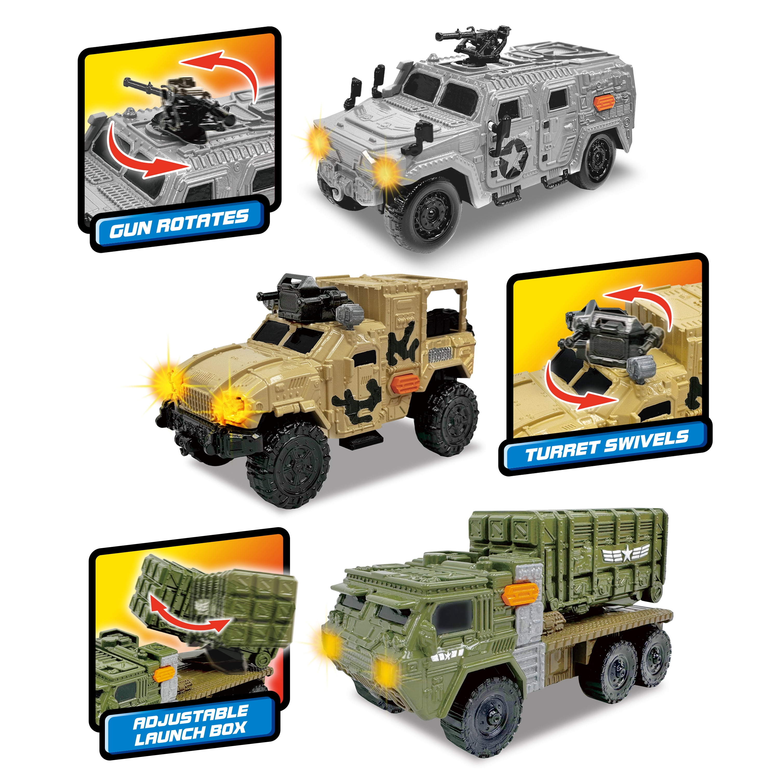 Adventure Force Light & Sound Mini Military Vehicles, 3 Pack, Tactical Utility Vehicle, Ground Combat Vehicle and Missile Launcher