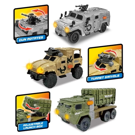 ADVENTURE FORCE LIGHT & SOUND MINI MILITARY VEHICLES, 3 PACK, TACTICAL UTILITY VEHICLE, GROUND COMBAT VEHICLE AND  MISSILE LAUNCHER
