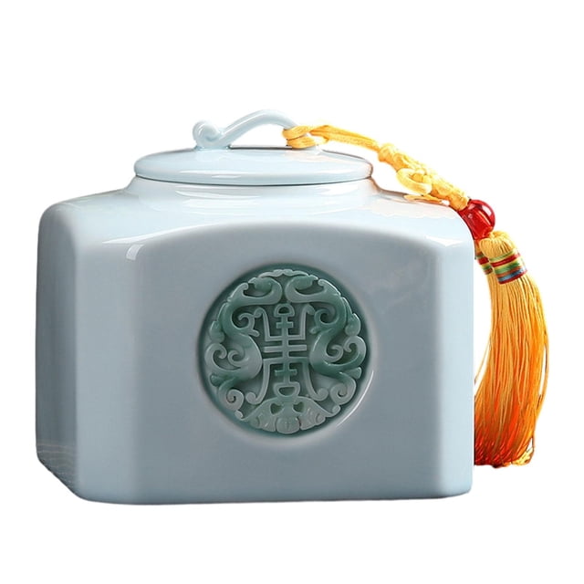 Recipiente de cerámica para té suelto, lata china rectangular, portátil, con borla cian