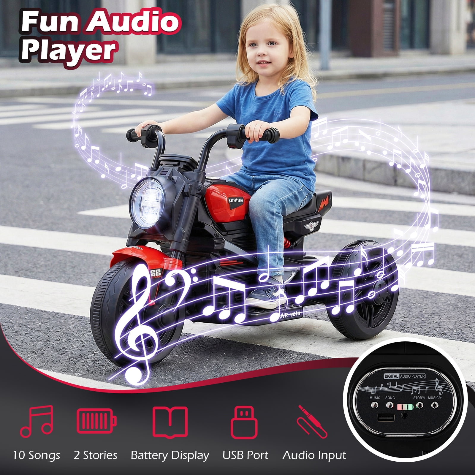 Gymax 6V Kids Motorcycle w/Song Story LED Headlights Accelerator Pedal & 3 Wheels Red