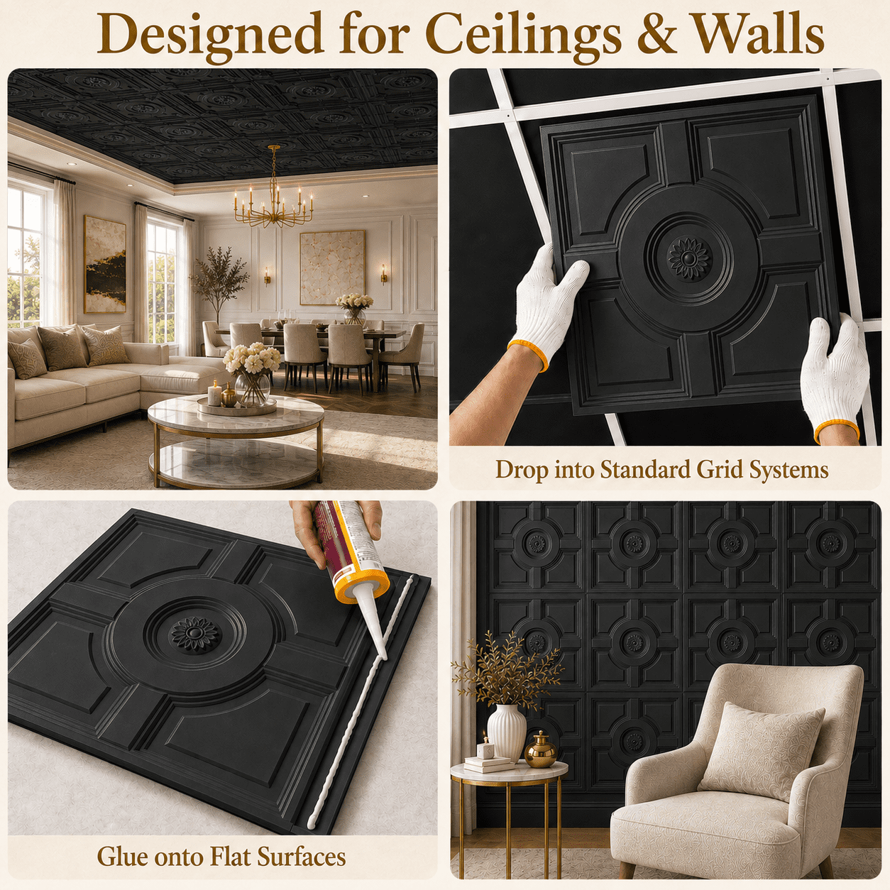 Yeslife 12-Pack Decorative Ceiling Tiles, 2 x 2 ft, Black Embossed, Waterproof Drop-in Glue-up, 48 sq ft