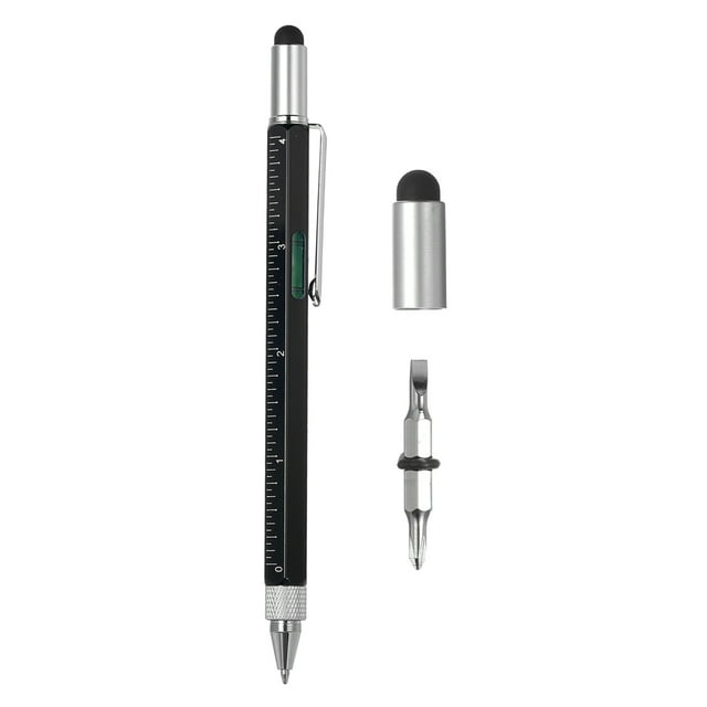 6 in 1 Metal Multitool Tech Tool Pen Gifts with Ballpoint Pen, Ruler, Screwdriver, Stylus, Level Gauge for Men,Black