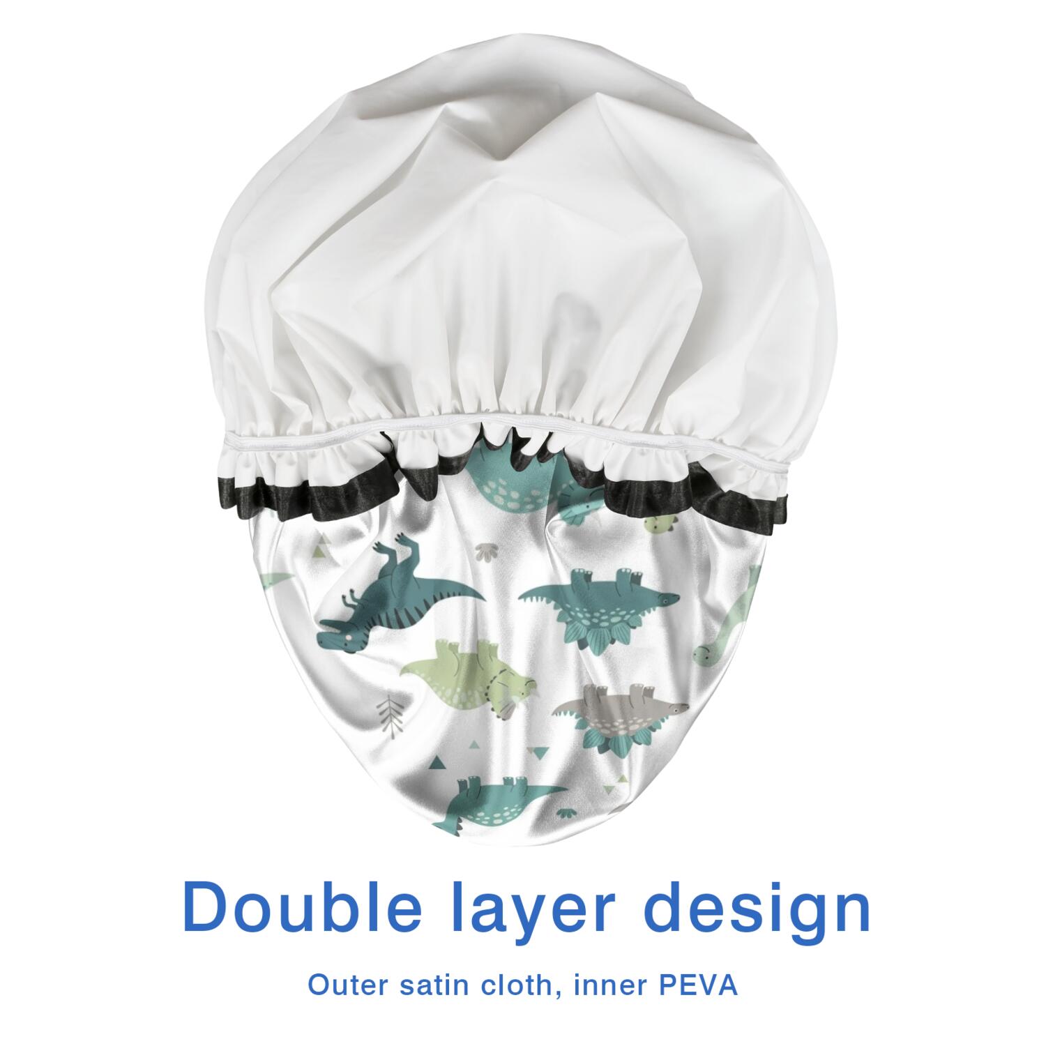 Shower Caps,White Cartoon Dinosaurs Triangles Plants Pattern Waterproof Shower Cap for Women 4 Pieces,Double Reusable Hair Cover for Shower PEVA Elastic Stretch Hem