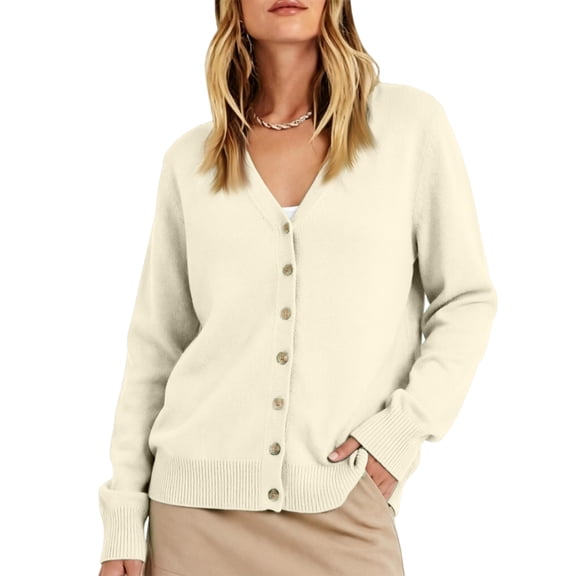 Leidass Women V Neck Button Front Knit Cardigan Long Sleeve Ribbed Trim Relaxed Fit Solid Casual Sweater Beige L