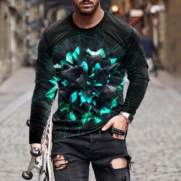 EQWLJWE T-Shirts for Men Men Long Sleeve Printing Round Neck Pullover T Shirt Blouse