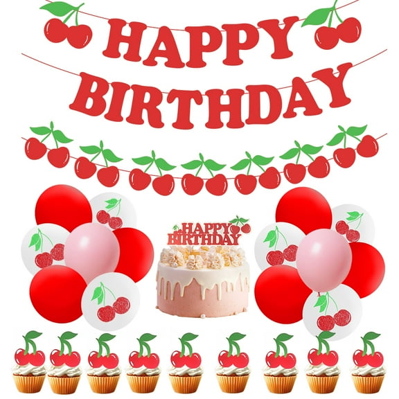 46Pcs Cherry Theme Birthday Party Decorations Set for Girls Red Glitter Happy Birthday Banner Cake Topper Cherry Theme Banner Garland Cupcake Toppers for Fruit Girls Cherry Birthday Party Decor