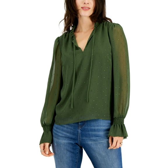 INC International Concepts Womens Clip Dot Tie Neck Blouse Costa Green XS