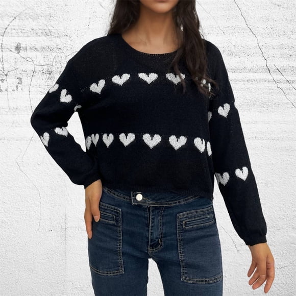 RKSTN sweaters for women Women's Casual Solid Color Heart Stripe Short Sweater Pullover Loose Sleeve Knitted Sweater early fall fashion