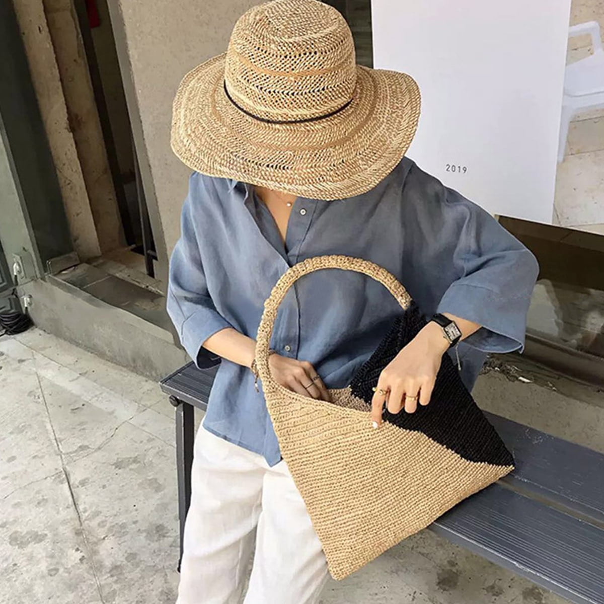 Straw Beach Bag, Summer Woven Tote Bag Large Shoulder Handbag Straw Purses and Handbags for Women - black