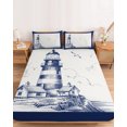 thumbnail image 2 of Twin Sze Fitted Sheet Set - Lighthouse 2 Piece Bedding Sets 16" Deep Pocket Fitted Sheet with 1 Pillowcase, Ocean Seagull Vintage Navy Blue Coastal Boat Brushed Microfiber Hotel Luxury Bed Sheets, 2 of 9