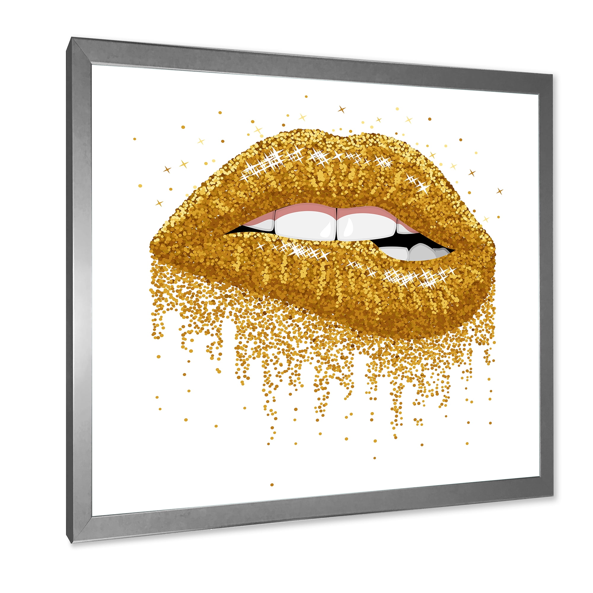 Designart 'Girl Lips With Glitter Gold Sparkles' Modern Framed Art Print