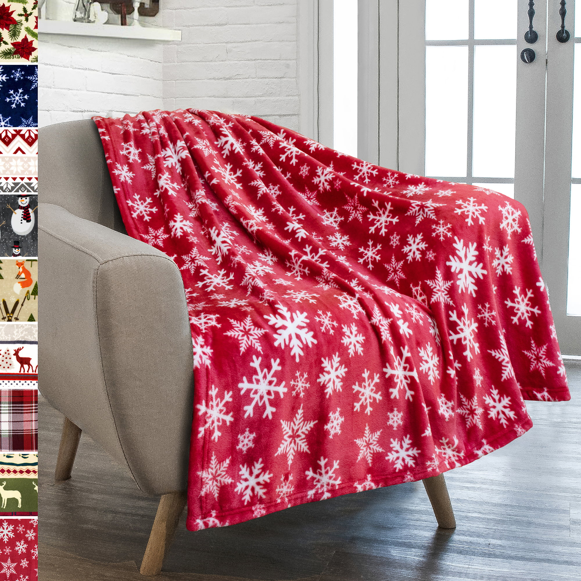 Fall Throw Blanket for Couch Christmas Knitt Pattern Winter Santa Snow Flakes Red Blue Fleece Blanket 80x60 