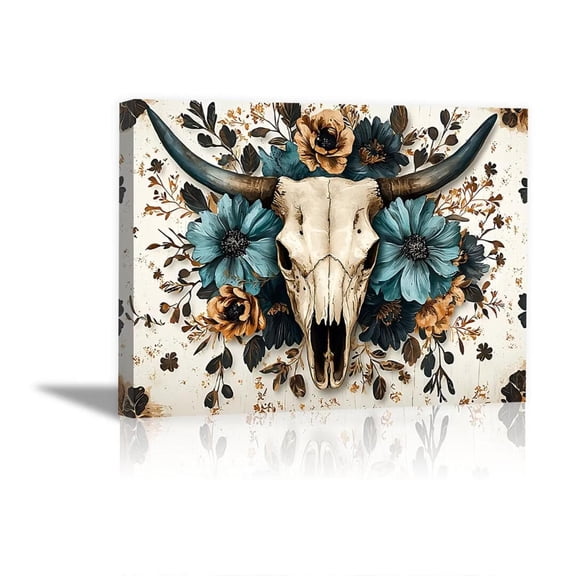 Mudket Framed Canvas Wall Art, Bull Skull with Teal Brown Floral Wall Decor, Western Boho Rustic Southwestern Waterproof Art Prints for Living Room Bedroom Office Home Decor - 12"L x 8"W