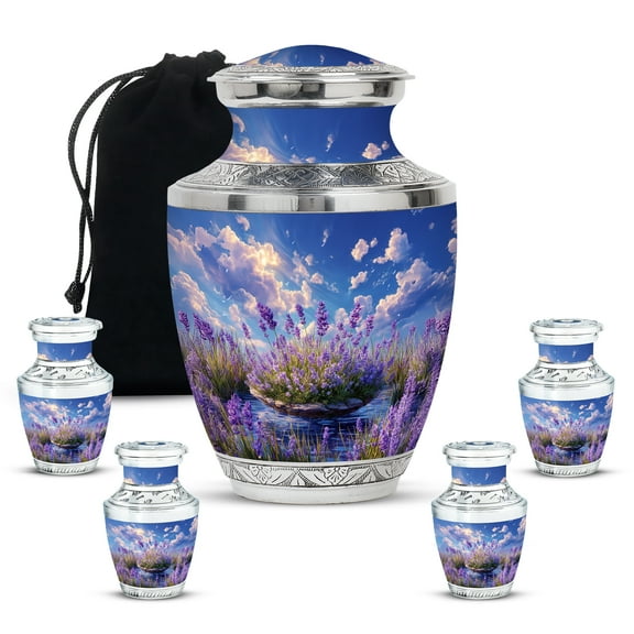 MUKTIVE Lavender Grass Funeral Urn Human Ash Adult Female 10 Inch Large, Sky Blue Keepsake 3 Inch Cremation Urns for Human Ashes, Funeral Cloud Urns for Ashes Adult Male (1 Large, 4 Keepsake)