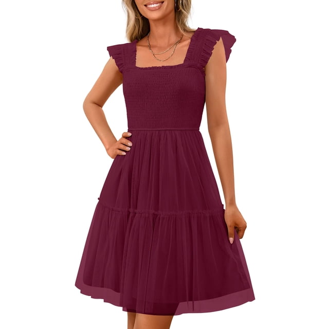 Vestido PRETTYGARDEN Mujer 2025 Mini Verano Rojo Vino Tul