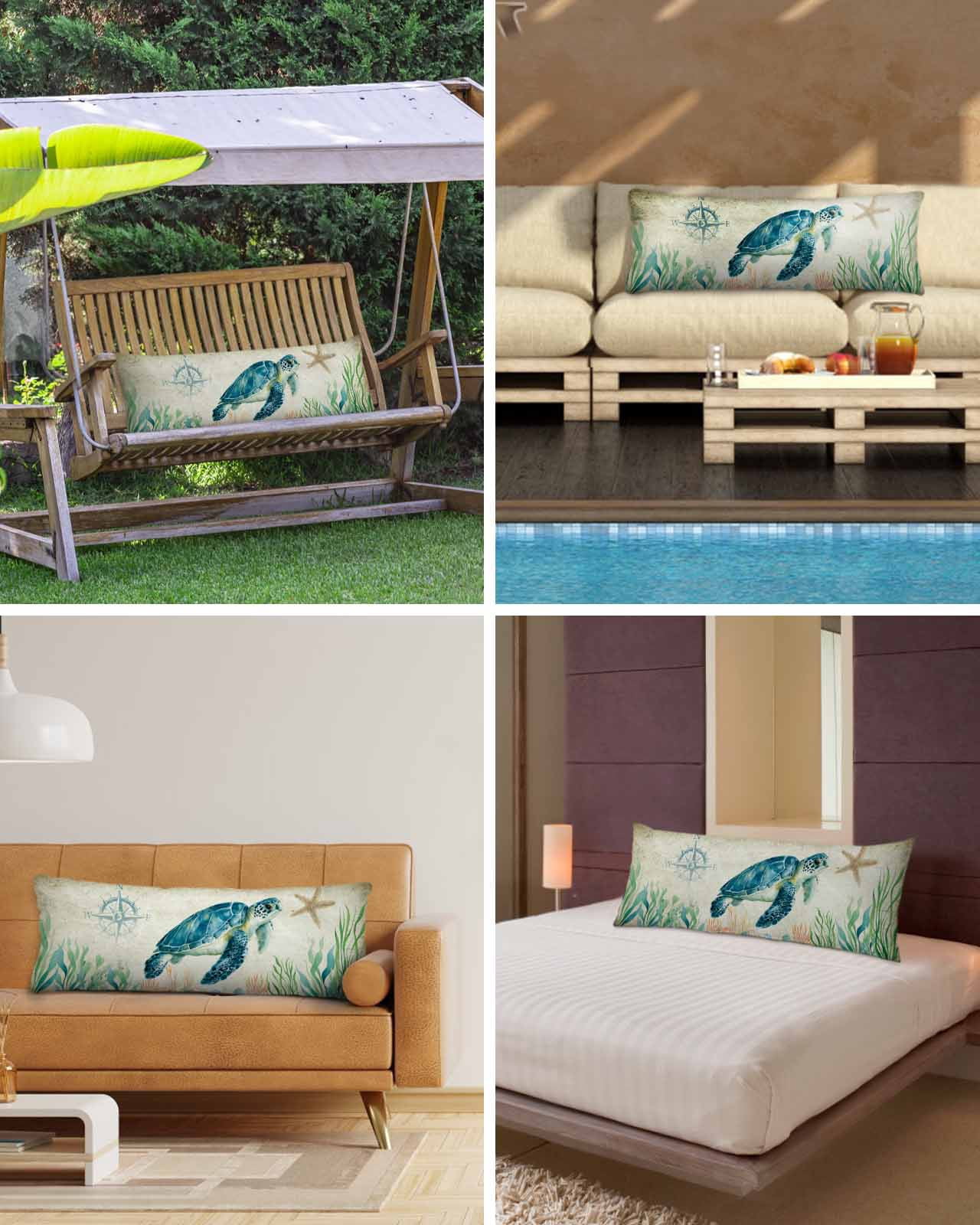 Ocean Turtle Body Pillow Cover 20 x 54 Inch Decorative Pillow Cover Coast Starfish Compass Coral Green Seagrass Lumbar Pillowcase Seasonal Rectangle Cushion Case for Couch Sofa Bed Living Room