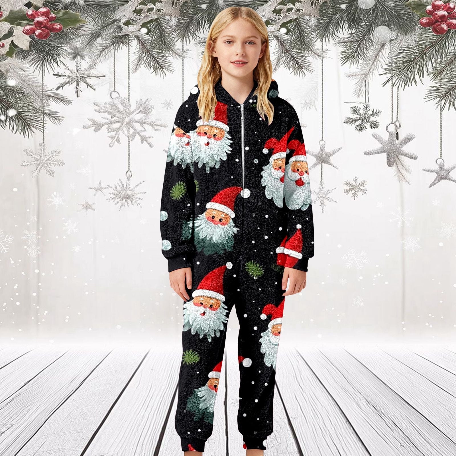 XDZJLR Flannel Christmas Onesie Pajamas For Kids Boys Girls Xmas Cozy Fleece Print Jumpsuit Hooded Romper Winter Holiday Outfit Soft Thermal Loungewear Toddler Kid Sleepwear Black 4-5 Years