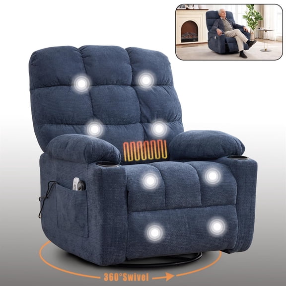 Spaco Blue Heat Massage Recliner Chair, 360° Swivel Rocker, Living Room Comfort Seating