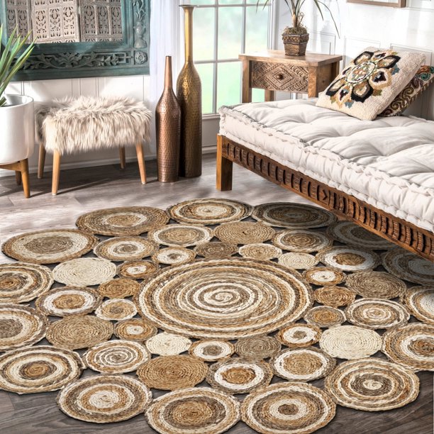 LR Home Natural Jute Braided Coils Bleach Gray Round Indoor Area Rug