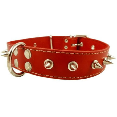 Real Leather Red Spiked Dog Collar Spikes, 1.5