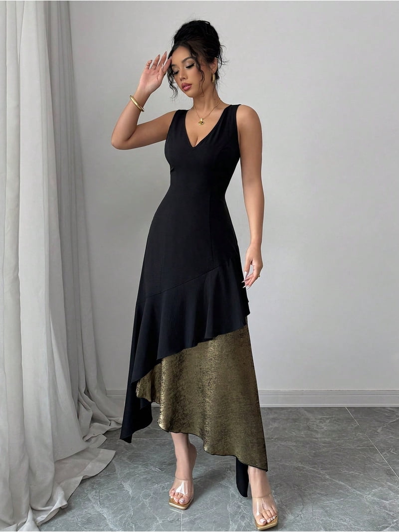 Women's black and gold asymmetric hem dress, with detachable chain shoulder  strap-sleeveless wedding guest dress with one shoulder V-neck, laminated  ruffles and slim waist design, suitable for partie - Walmart.com