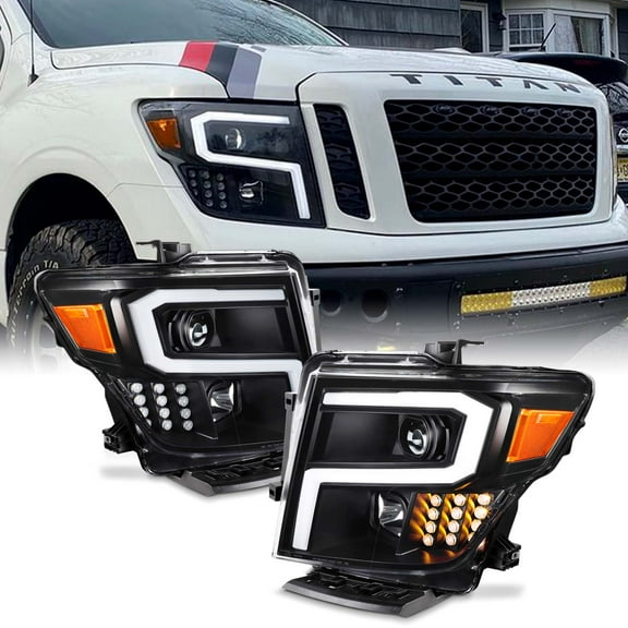 AKKON - For 2016-2024 Nissan Titan Projector Headlights w/ LED Light Tube Signal- Black Housing Assemblies