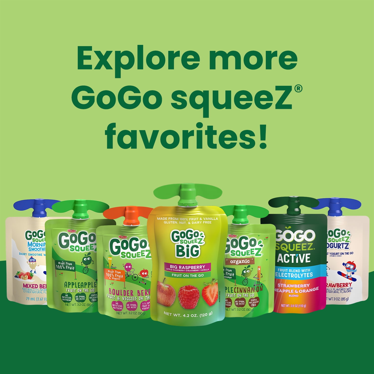 GoGo squeeZ BIG Applesauce and Fruit Puree with Vanilla Variety Pack, BIG Classic Apple and BIG Raspberry, 4.2 oz, 10 Pack