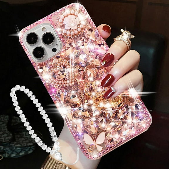 for iPhone 15 Pro Max Glitter Bling Case, Cute 3D Crown Heart Crystal Rhinestone Diamond Sparkle Shiny Gems Pearl with Wrist Strap Women Girls Phone Case for iPhone 15 Pro Max 6.7 inch (Pink)