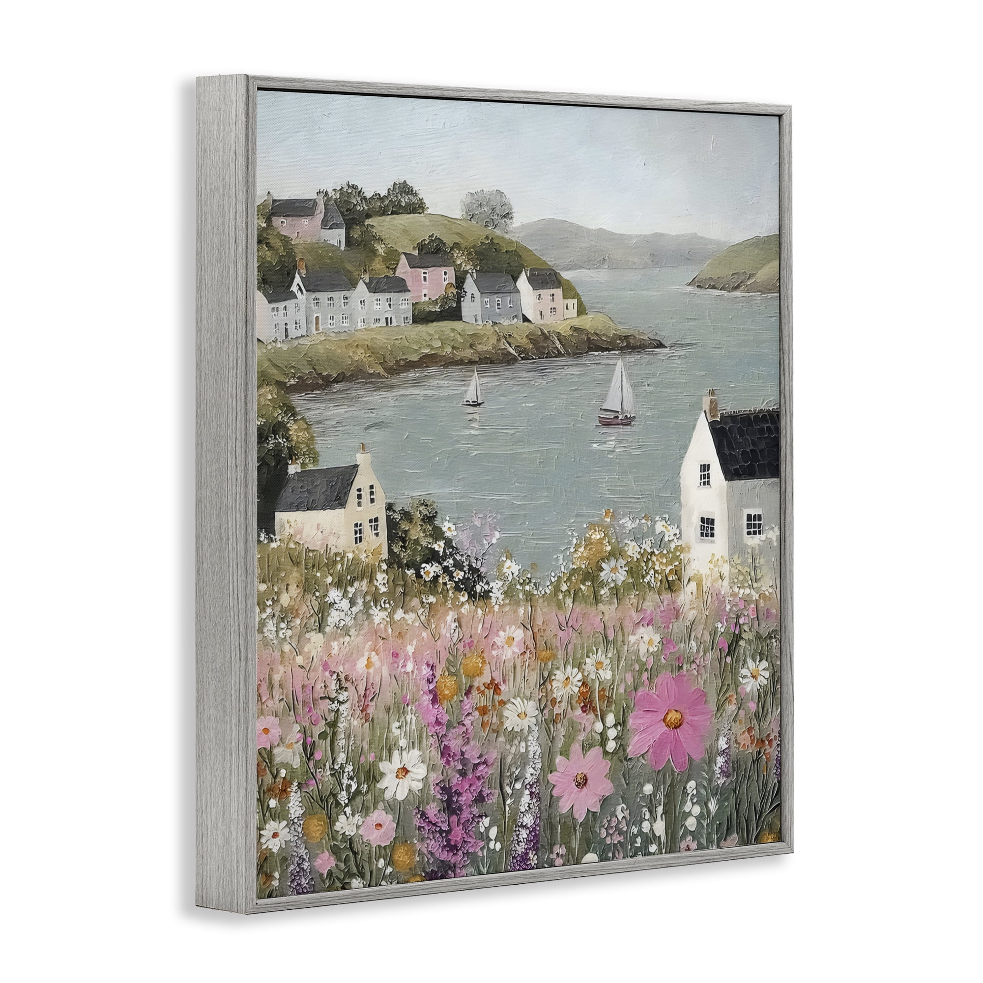 Stupell Industries Seaside Cottages & Sailboats Gray Framed Giclee Art, design by Riley B
